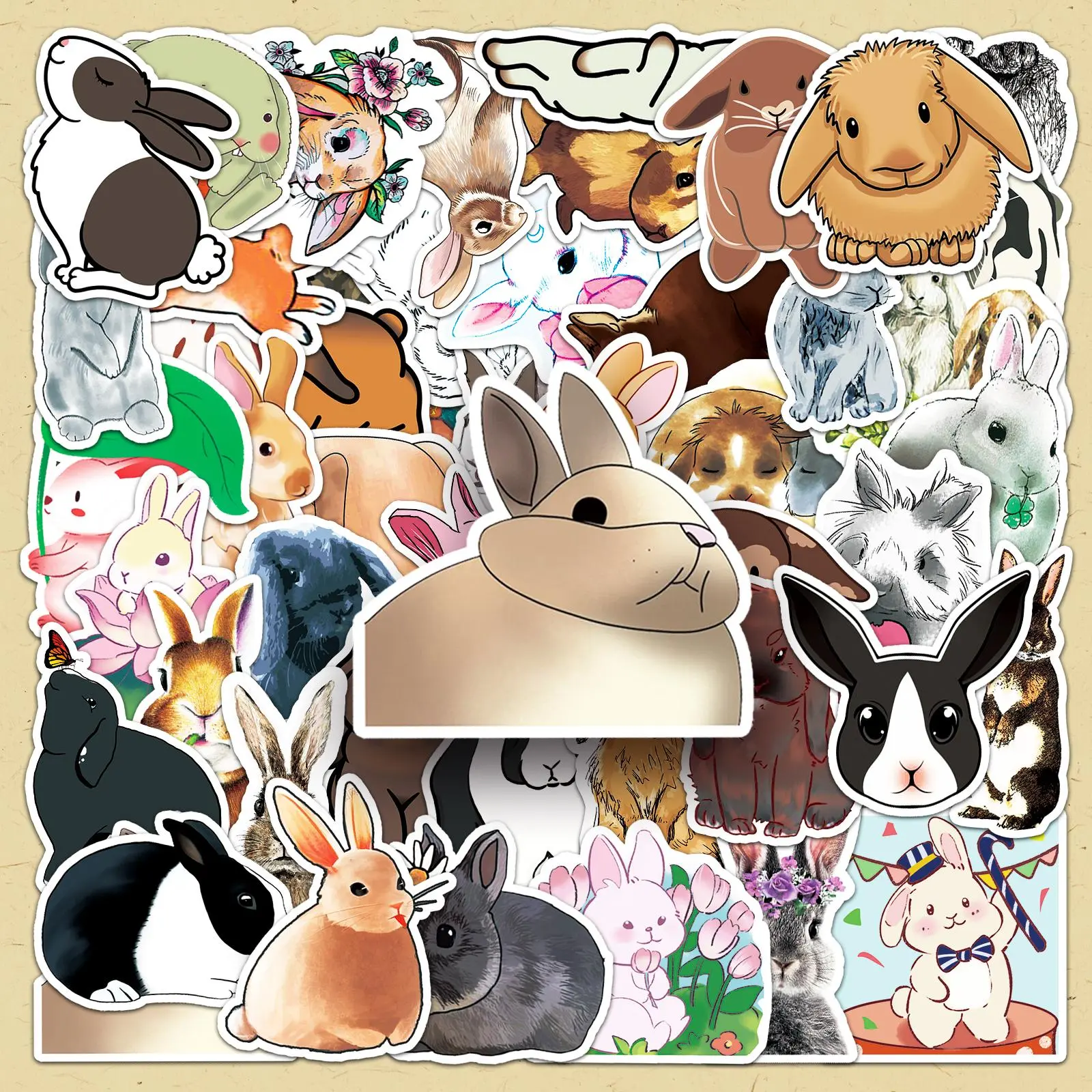 Cute Rabbit Pattern Sticker, 50pcs/set Cartoon Self Adhesive Decorative Sticker, DIY Decals for Water Bottle, Laptop, Phone Case, Scrapbooking, Journal Making