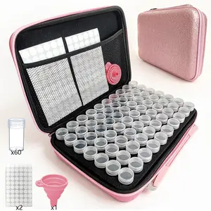 Pink Glitter Diamond Painting Storage Case with 60pcs Bead Organizer Bottles, Portable Craft Carry Case with Handle, Mesh Pocket & Funnel for 5D Diamond Art Accessories, DIY Embroidery Tools Kit, Embroidery Set for Adults Kids