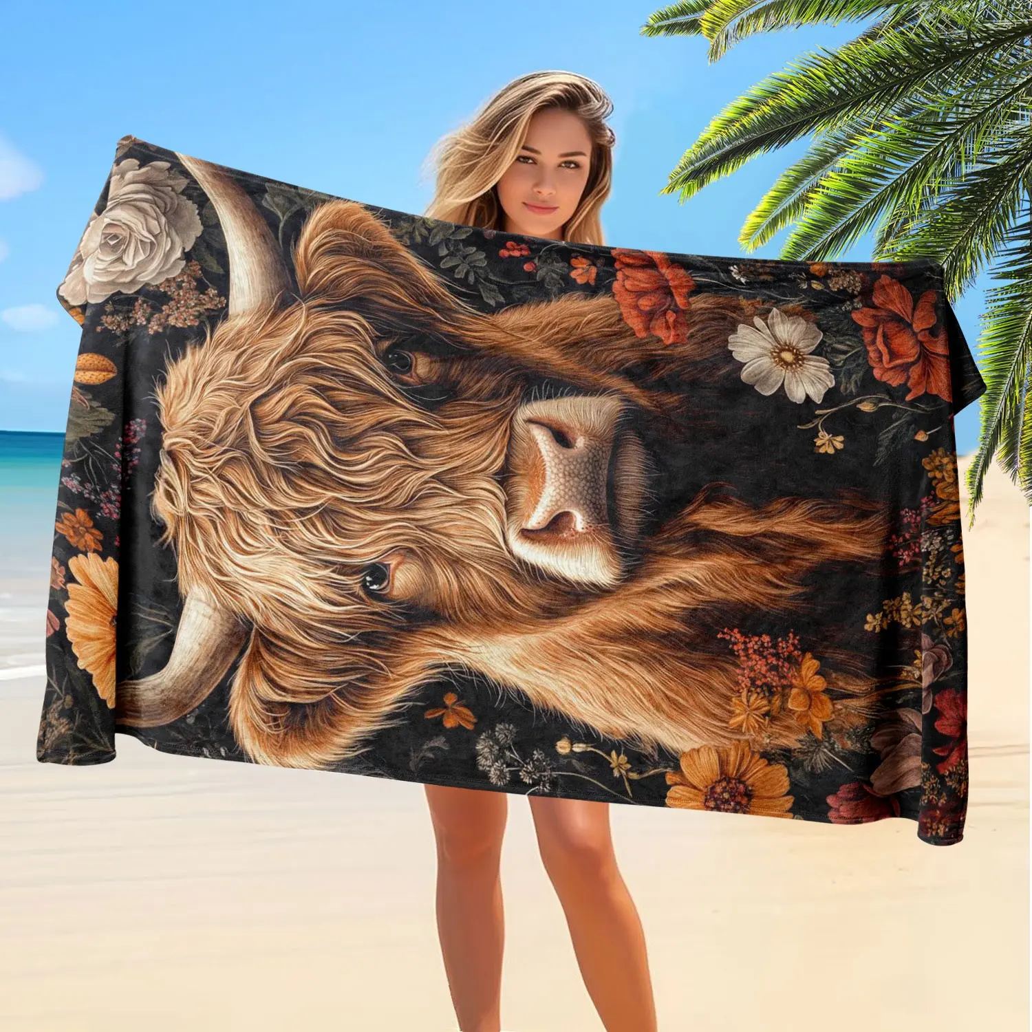 Vintage Floral Highland Cow Microfiber Beach Towel, Quick-Dry Pool Bath Towel, Sports Sweat Wipe, Camping Ground Cover, Picnic Mat, Tiktok Trending