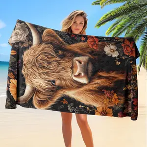 Vintage Floral Highland Cow Microfiber Beach Towel, Quick-Dry Pool Bath Towel, Sports Sweat Wipe, Camping Ground Cover, Picnic Mat, Tiktok Trending