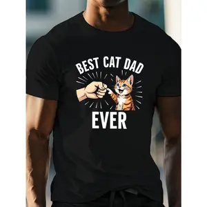 Men's Casual Crew Neck Short Sleeve T-Shirt Best Cat Dad Ever Graphic Tee Humorous Cat Nod Design Lightweight Summer Top Comfortable Regular Fit Funny Tshirt for Casual Wear