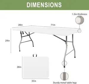 6FT Plastic Folding Table, Portable Picnic Table Indoor Outdoor, for Camping, Party, Wedding,Picnic, with Lock, Handle - White