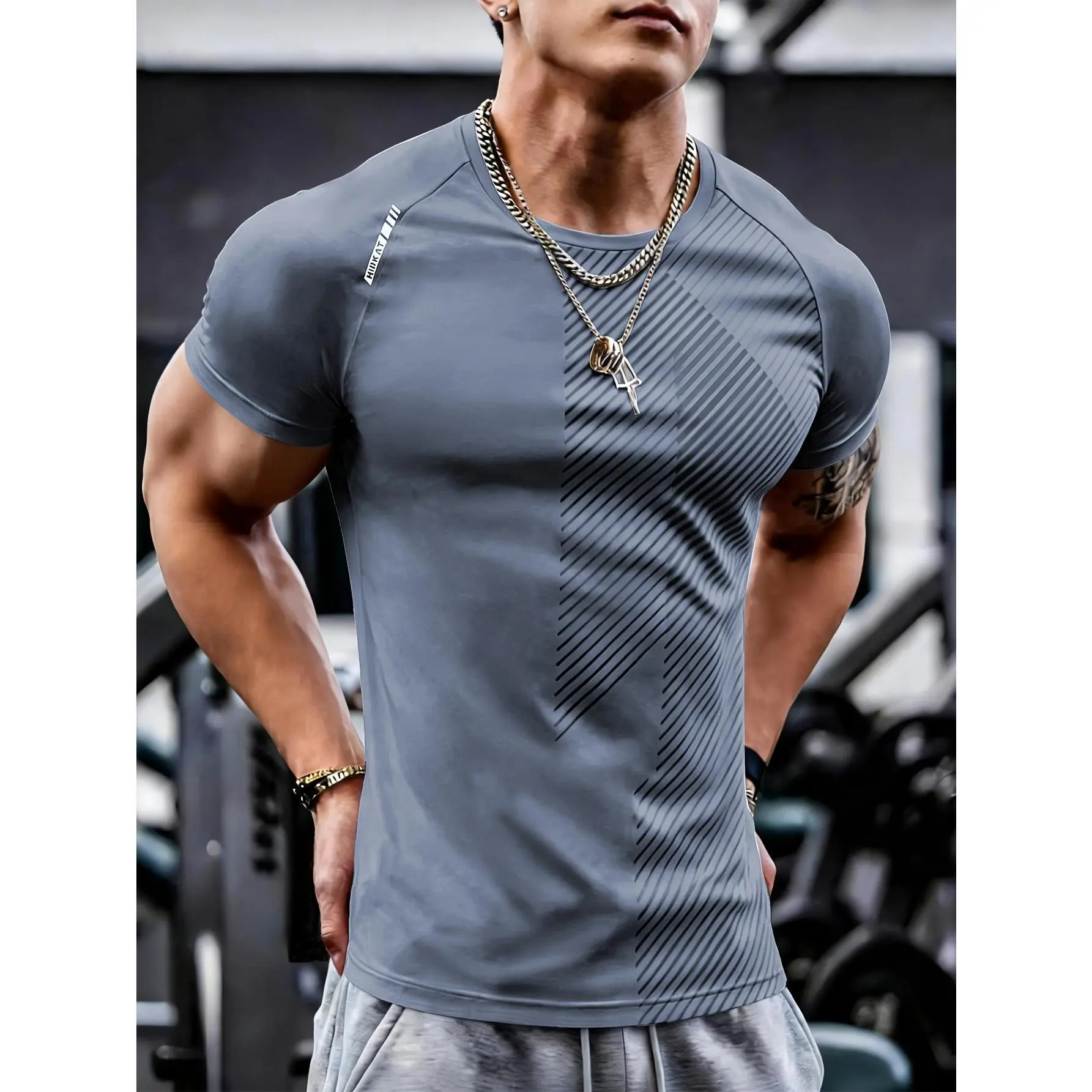 Men's Fitness Short-Sleeved T-Shirt, Slim-Fit Quick-Drying Activewear Clothing with Twill Print, Raglan Sleeves, Round Neck - Lightweight Breathable Gym Sportswear for Casual Comfy Workout, Fitness Casual Tshirt Workout Gear (Multi-Color Optional)