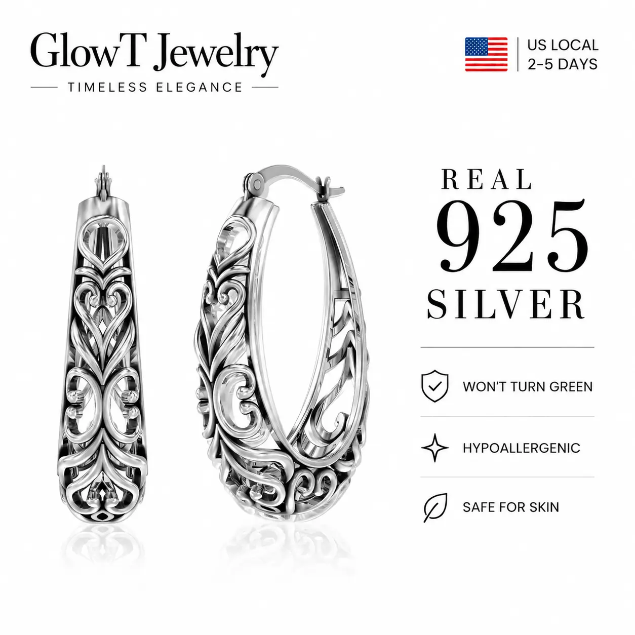 925 Sterling Silver Vintage Filigree Hoop Earrings | Ornate Scrollwork Openwork Design | Hypoallergenic Lightweight Hoops for Women