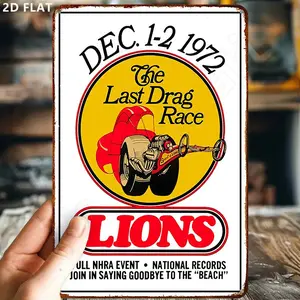 Vintage Car Race Iron Metal Tin Sign, Circle Background, Detailed Car Design, Canopy & Wheels, 8x12 Inch Wall Decor