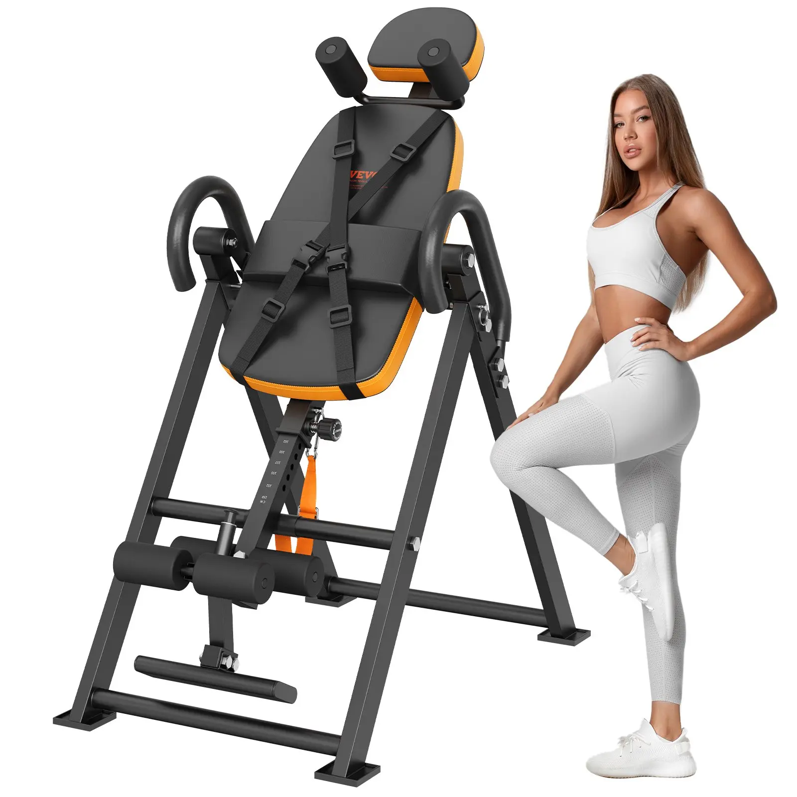 VEVOR Heavy Duty Inversion Table (Decompression Table), 300lbs Capacity Back Stretcher, Strength Training Tool with Headrest, Ankle Lock, Adjustable Protective Belt, Orange/Black