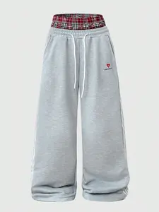 Men's Double Waistband Wide Leg Sweatpants, Plaid Trim Side Stripe LA Heart Embroidered Loose Pants, Streetwear Fashion For Daily Outings, Athleisure Style Bottoms, Loose Fit Bottoms