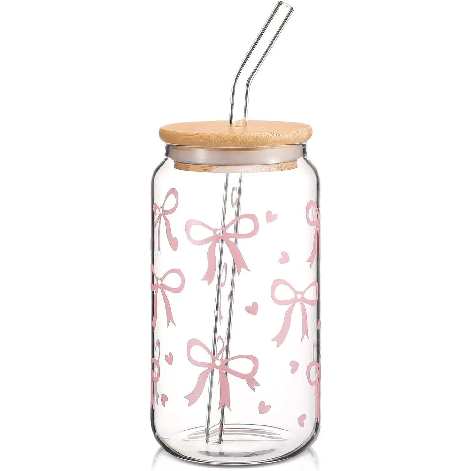 16 oz Reusable Washable Bow Aesthetic Glass Tumbler - Stylish Pink Coffee Cup with Lid, Straw, Pour-Friendly Versatile Drinkware for Women’s Birthday Party Favors