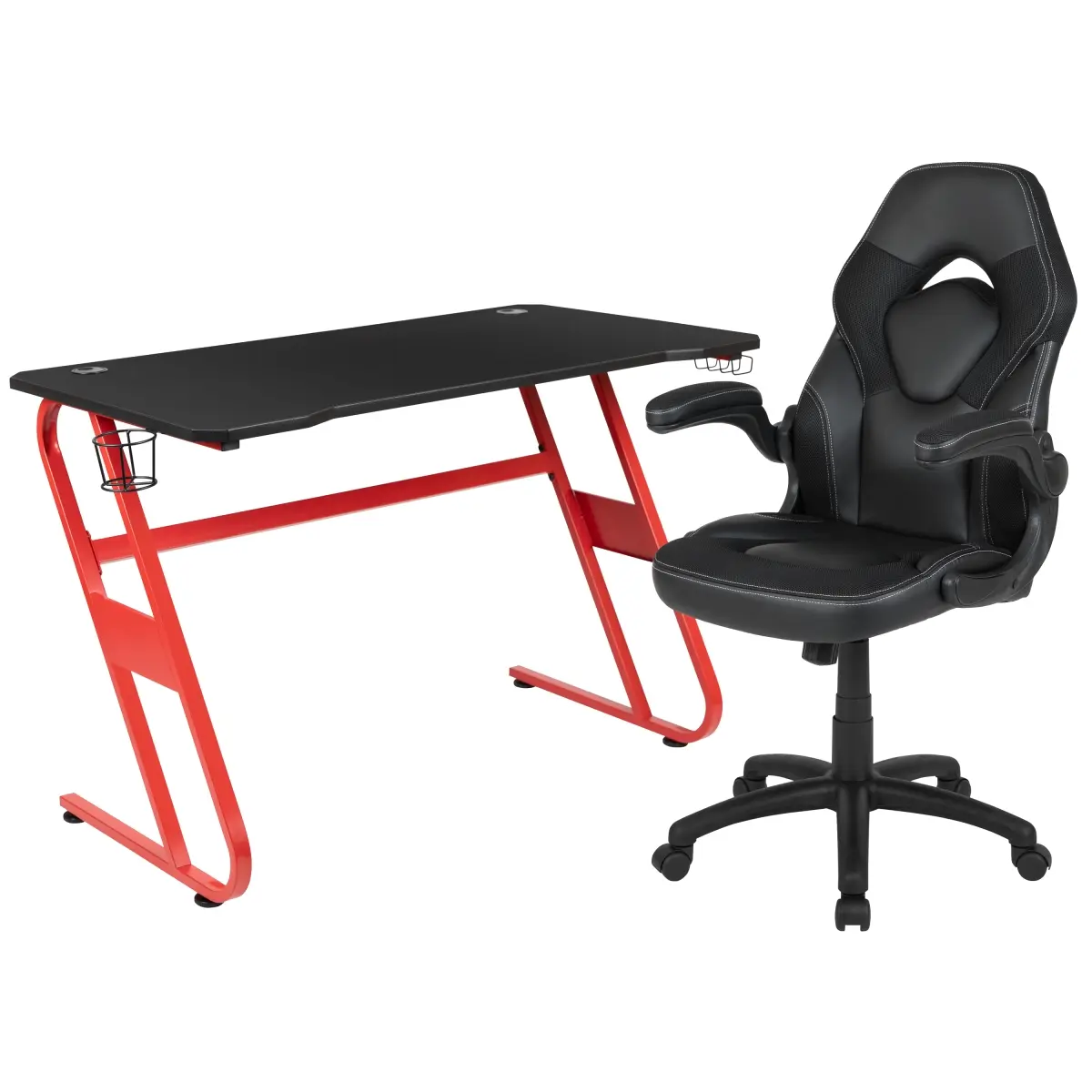 Flash Furniture BLN-X10RSG1030-BK-GG Red Gaming Desk with Black Racing Chair Set with Cup Holder & Headphone Hook