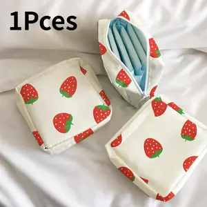 Strawberry Pattern Travel Storage Bag, 1 Count Multi Function Makeup Organizer Pouch Sanitary Napkin Pouch, Portable Waterproof Storage Bag for Girls Travel, Handheld, Cosmetic Pouch, Makeup Bags