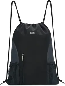 Drawstring Backpack Sports Gym Sackpack with Mesh Pockets Water Resistant String Bag for Women Men(Black)