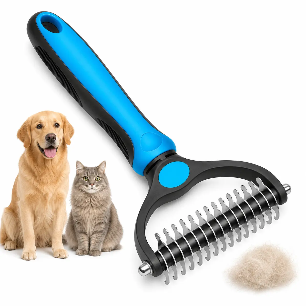 Double-Sided Deshedding Brush for Dogs - Groomer Tools with 17-Tooth Side, 3.9"w (2.6" Brush Part), 6.7"l Gentle on Fur Undercoat Rake Comb, Effective Dematting & Flying Hair Removal Tool That Prevents Pulling Hairs