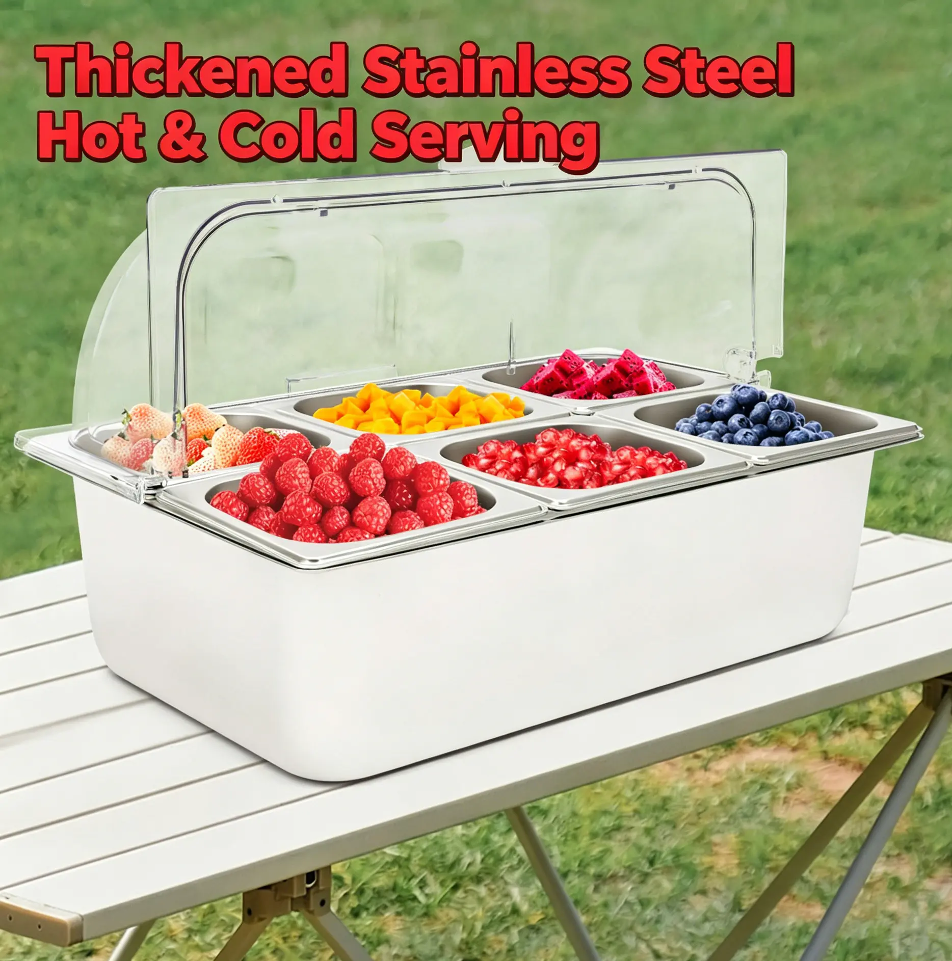 Stainless Steel & PC Ice Food Serving Display Tray with Clear Roll Top Cover - 6 Pans, Hot & Cold Serving, Ideal for Buffets and Parties Containers