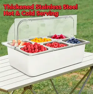 Stainless Steel & PC Ice Food Serving Display Tray with Clear Roll Top Cover - 6 Pans, Hot & Cold Serving, Ideal for Buffets and Parties Containers