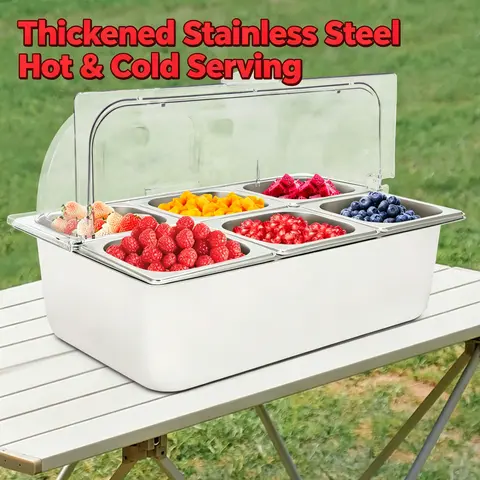 Heavy-Duty Stainless Steel & PC Ice Serving Display Tray with Roll-Top Airtight Lid - 6 Pans for 6 Foods, 15cm, 4.5 kg, 53*33*33cm, Hot & Cold Kitchen Utensils, Food Storage for Buffets, Modern Containers