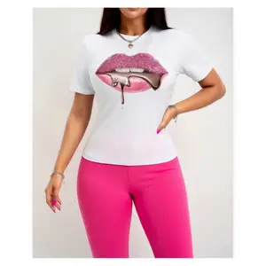Rhinestone Glitter Lips Graphic Tee Women Y2K Cute Streetwear Short Sleeve Crewneck Soft Stretch Casual Summer Outfit Top