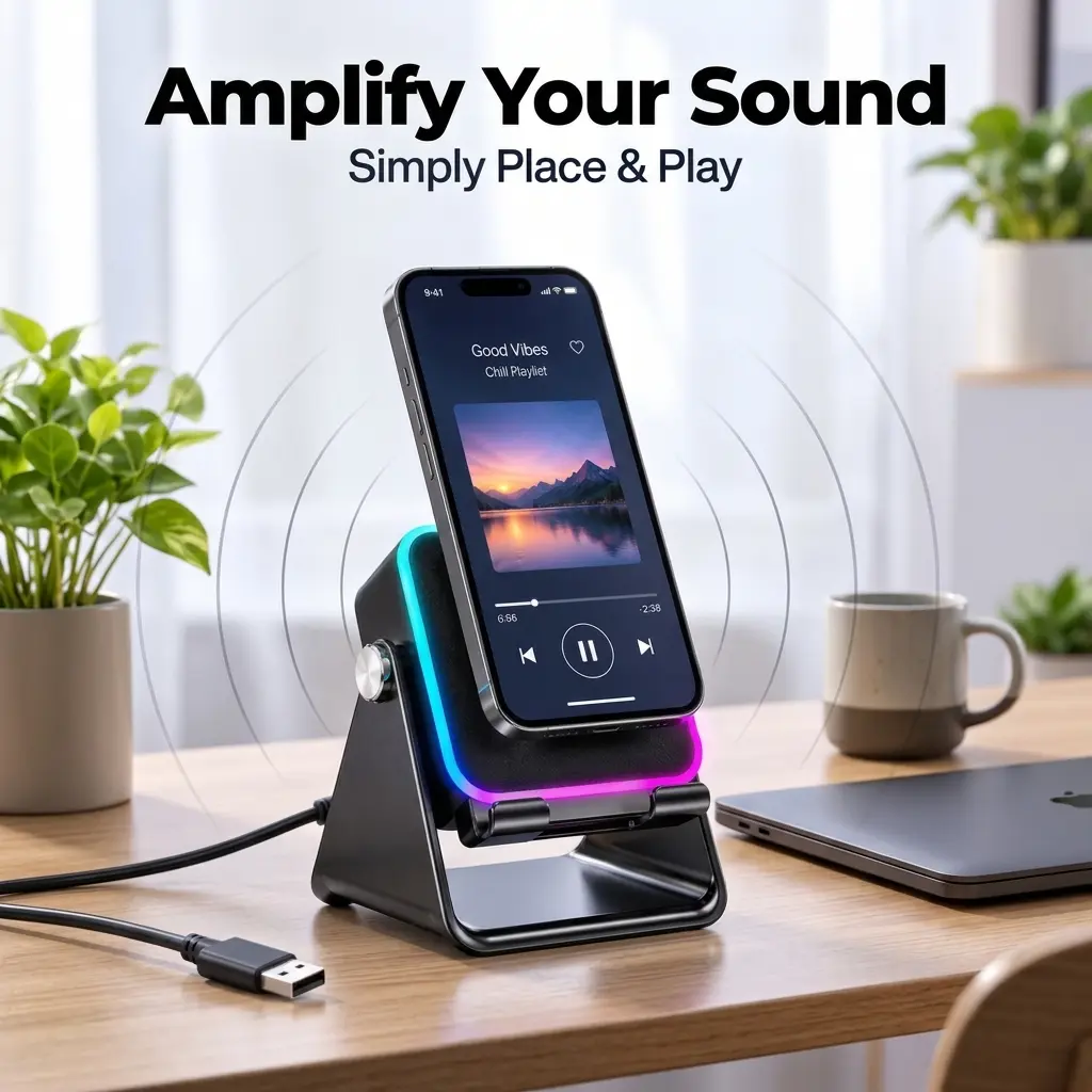 Bluetooth Desktop Speaker with Phone Stand, 2-in-1 Phone Holder & Audio Speaker with RGB Lights, Enhanced Sound, Hands-Free Video & Music Stand for Desk, Home Office & Bedroom