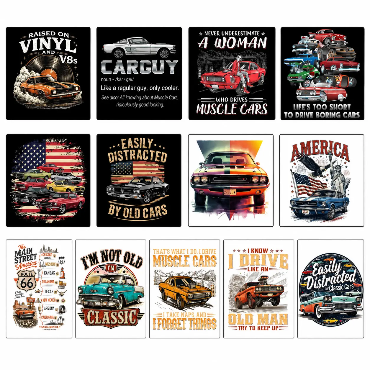 Classic Car Bundle V3 | Ready-to-Press DTF & Sublimation Transfers | Heat Transfer Designs for T-Shirts | (DIY Printmaking Embossing Accessories)