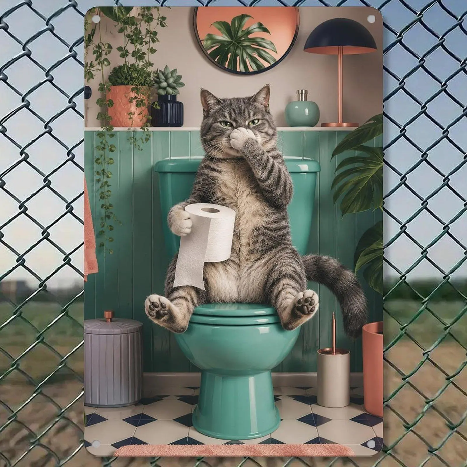Cat On Toilet Funny Bathroom Metal Tin Sign 8*12in Cute Pet Wall Decor for Restroom Home