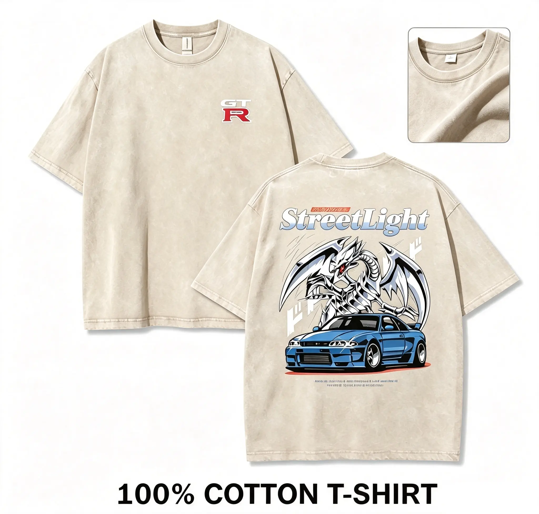 Oversized Unisex Heavyweight Washed 100% Cotton JDM GTR T-Shirt - Front Chest GTR Badge, Back Dragon Sports Car Art, Auto Anime Street Style, Vintage Classic Casual Daily Wear