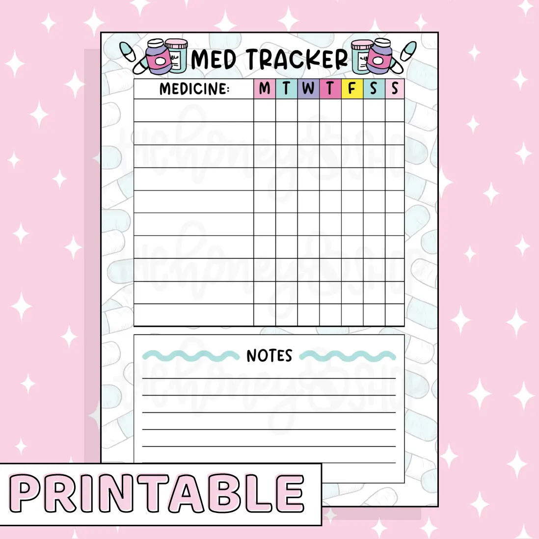 Med Tracker Printable Bee-6 Full Page Sticker | B6 Planner | Printable Planner Stickers