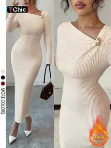 This elegant long-sleeved dress features an asymmetrical neckline and a fitted waist, making it suitable for dates or everyday work attire Womenswear