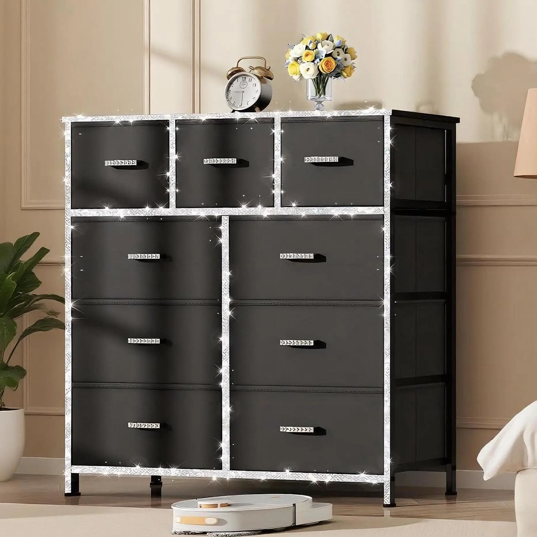 9 Black Drawers (diamond Strips+Crystal Handles)