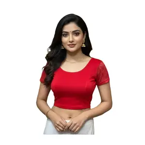 Red Lace-Sleeve Crop Blouse – Versatile Saree/Lehenga/Indo‑Western Top #HC-04