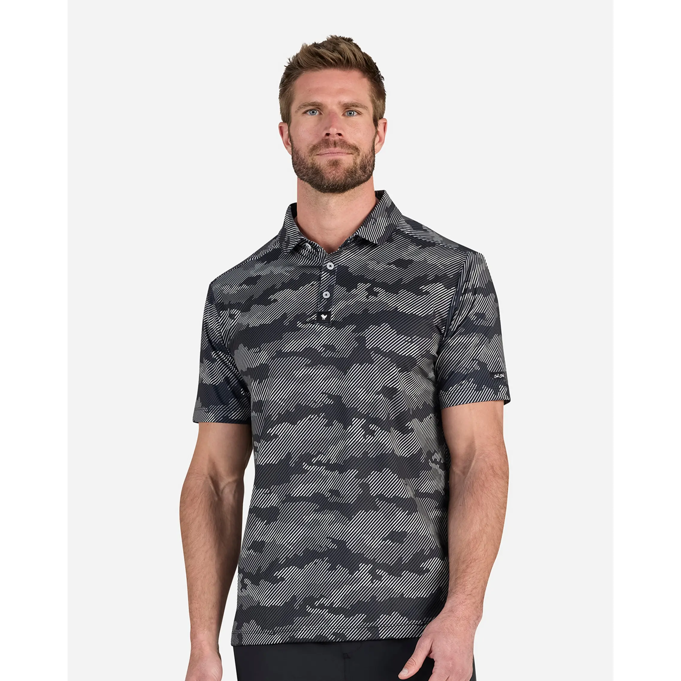 Bad Birdie Frostbite Men's Fitted Granite Golf Polo - Synthetics Polyester Blend, Short Sleeve, 4-Way Stretch, UV-Protective UPF 50, Quick Dry, Anti-Odour, Collared Neck, Breathable, Signature Print, Sporty Chic, Male