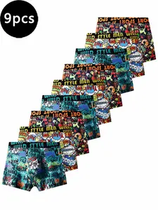 9-Pack Men's Boxers, Breathable Comfort, Unique Graffiti Print, Letter Waistband, Slim-Fit Trunks, Sporty Casual Style, Underwear Boxers