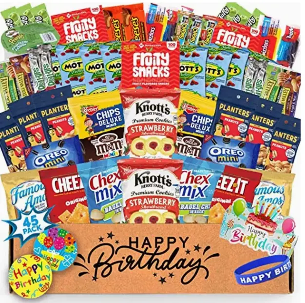 Happy Birthday Snack Box – 45-Count Variety Pack of Chips, Cookies & Candy, Fun Birthday Gift Basket for Kids, Teens, Adults & College Students