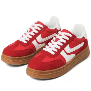 Women’s Retro Platform Sneakers Red White Suede Leather Platform Sneakers Low Top Lace Up Chunky Gum Sole Casual Daily Streetwear Footwear