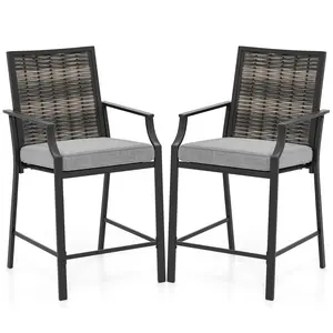 COSTWAY - Patio Bar Stools Set of 2 Counter Height Rattan Bar Chairs with Armrest-Grey