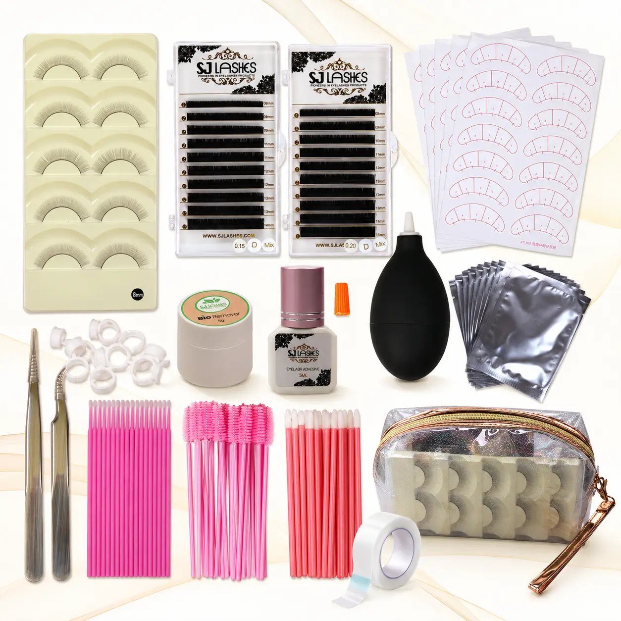 SJ LASHES Cosmetic Eyelash Extension Kit - Complete Faux Mink 3D Practice Set for Beginners, with Premium Glue, Remover, Stainless Steel Tweezers, Pads, Brush, Lash Tape, Ideal Gift