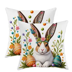 Jit 2pcs 2D Flat Rabbit Throw Pillow Covers, Spring Festive Flowers, Easter Eggs, Pastel Soft Velvet, Washable, Living Room Decor, Bedroom Decor, Home Textile