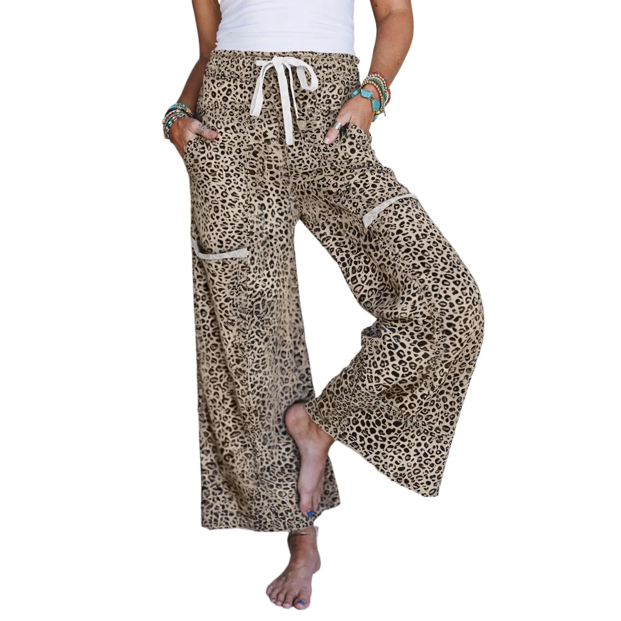 Women's Khaki Animal Print Wide Leg Pants – Casual Leopard Print Trousers for Daily Wear