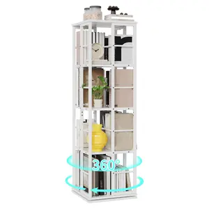 4-Tier Square Rotating Bookshelf, 360° Spinning Bookcase Tower with Stable Base, Modern Space Saving Corner Shelf for Living Room, Study, Bedroom in White