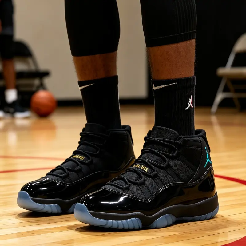 High top basketball shoes glossy black patent upper dark blue translucent sole woven fabric panels streamlined shape unisex trend basketball sneakers must have wide feet friendly trendy match