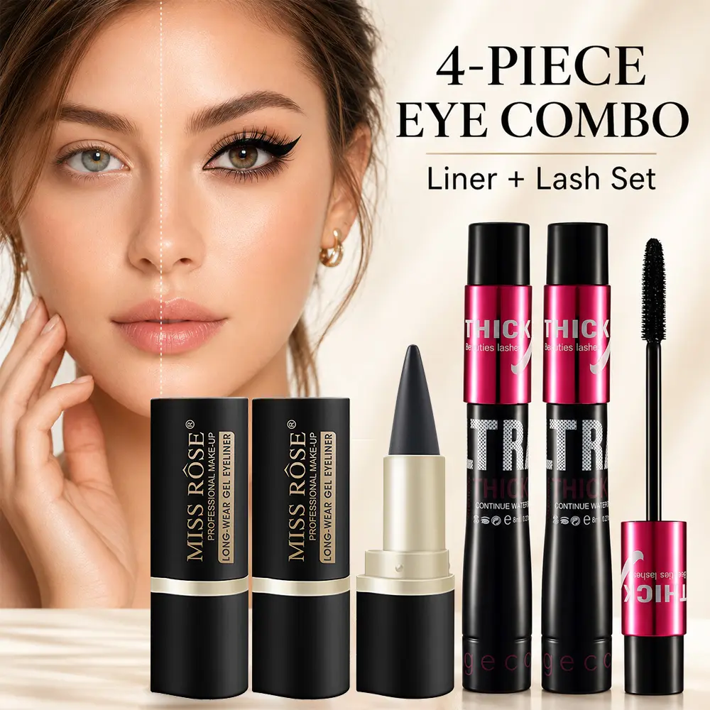 Eye Makeup 4-Pack Set: 2 Matte Solid Gel Eyeliner Pencils & 2 Silk Fiber Lash Extender Tubing Mascaras, Quick-Dry Ultra Pigmented Black Eyeliner, Waterproof Volumizing Lengthening Smudge-Proof All-Day Wear Eye Cosmetics