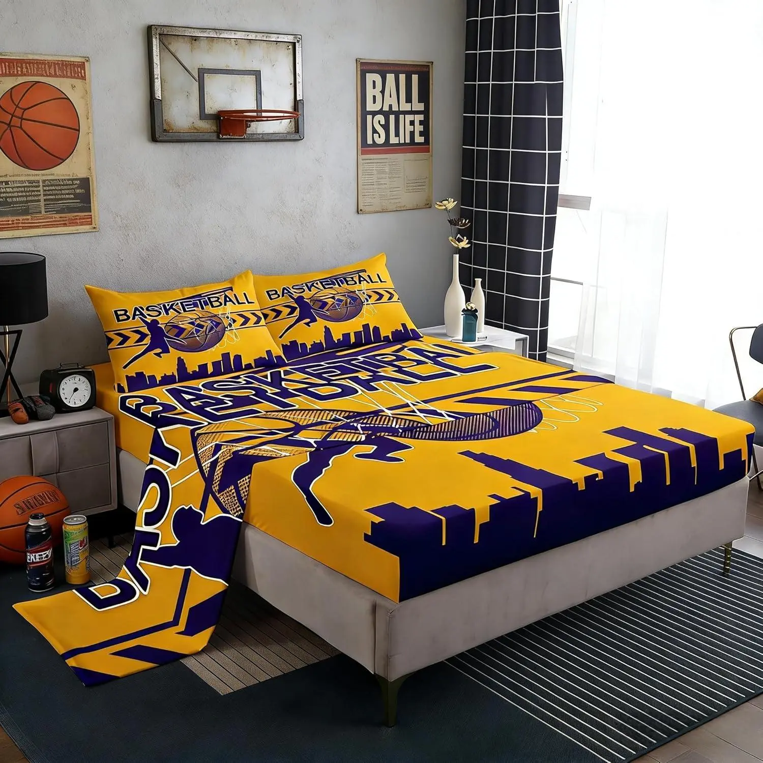 Feelyou Breathable Microfibre Basketball Bedding Set - Full/King Sizes, Modern Sports-Themed Linens, Yellow-Purple Design, Los Angeles Skyline Silhouette, 1 Flat Sheet, 1 Deep Pocket Fitted Sheet, Machine Washable