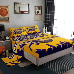 Feelyou Breathable Microfibre Basketball Bedding Set - Full/King Sizes, Modern Sports-Themed Linens, Yellow-Purple Design, Los Angeles Skyline Silhouette, 1 Flat Sheet & 1 Deep Pocket Fitted Sheet, Machine Washable