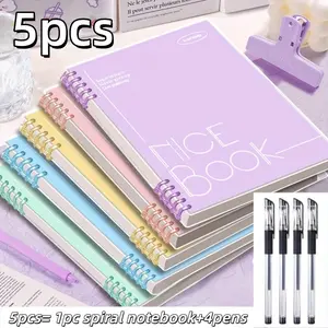 5-Piece Set Includes Spiral Notebook + 4 Pens A5 Ring-Bound Notebook 60 Sheets/120 Pages Thick Color-Coded Pages Ideal for College Diary Notes Travel Diary Notebook Spiral Notebook Journal