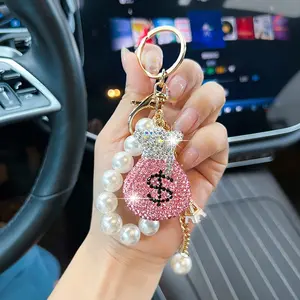 Fashion Rhinestone Money Bag Car Keychain, Luxurious Pearl Beaded Dollar Keyring, Lucky American Dollar Key Chain Gift, Keychain Parking Key, Trendy Cute Keychain