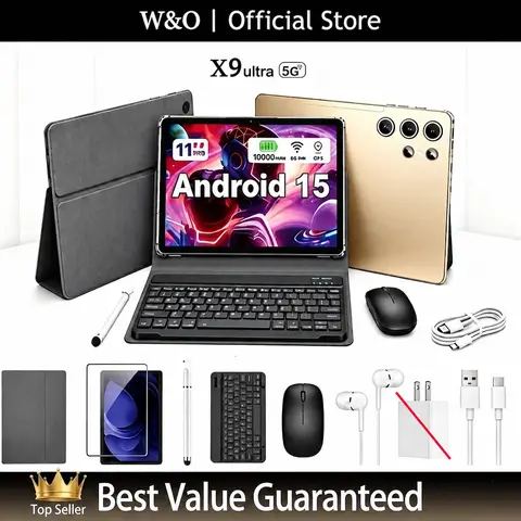 W&O 2026 11in Android 15 Android Tablet PC - 12GB(6+6) RAM+256GB Expandable Storage, HD Touchscreen, 10000mAh Battery, 5G WiFi Device, Keyboard Set Bundle (Keyboard, Mouse, Case, Stylus), Dual Camera, Learning Tablet for School/Work, Valentine’s Day Gift