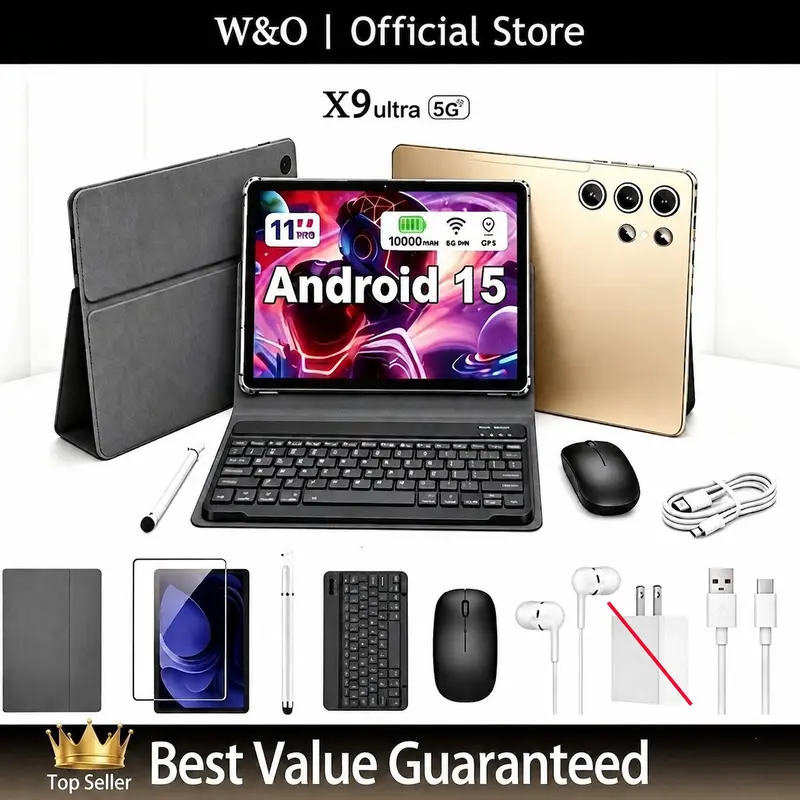 W&O 2026 11in Android 15 Android Tablet PC - 12GB(6+6) RAM+256GB Expandable Storage, HD Touchscreen, 10000mAh Battery, 5G WiFi Device, Keyboard Set Bundle (Keyboard, Mouse, Case, Stylus), Dual Camera, Learning Tablet for School/Work, Valentine’s Day Gift