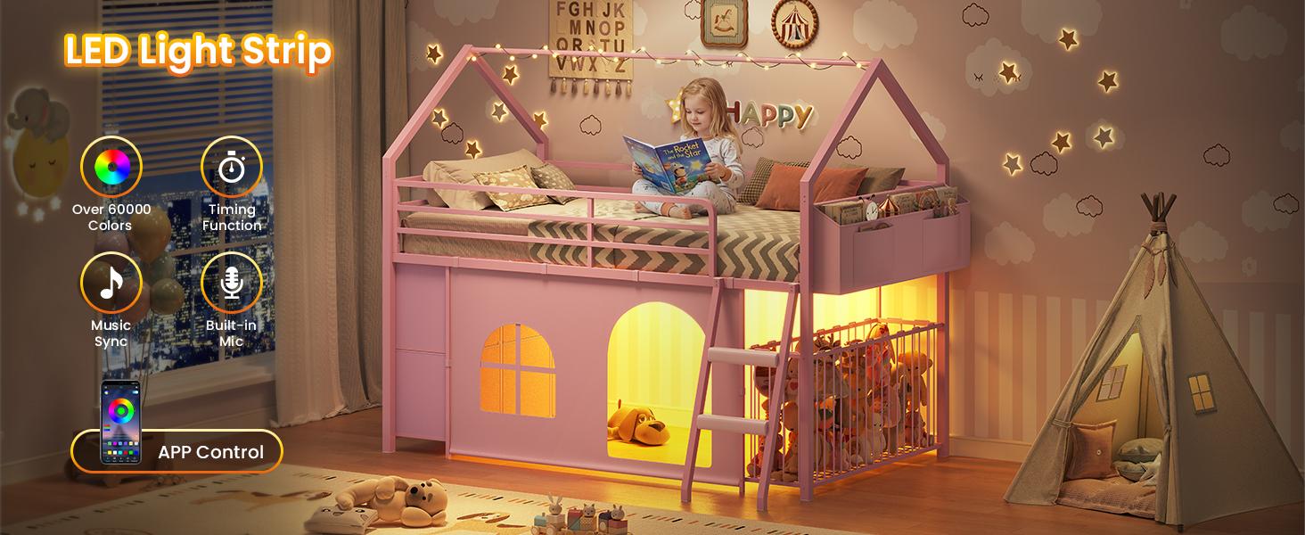 Loft Bed Twin Size with 6 Drawers, LED Lights & Stuffed Animal Storage, Metal House Loft Bed with 13” Safety Guardrail & Inclined Ladder, Twin Low Loft Bed Frame with Play Curtain, Under-Bed Play Space, Pink