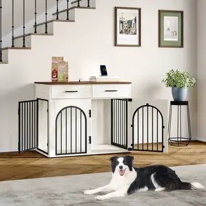 Hzuaneri 39.4-inch (approx. 90.9 cm) Large Dog Cage Furniture with 2 Storage Drawers, Heavy Duty Indoor Dog Cage with Charging Station, Wooden Dog Cage with End Table, Suitable for Medium/Large Dogs, White/Brown DFC84214B