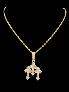 Artificial Zircon Cross Design Pendant Necklace with Stainless Steel Twisted Chain, Unisex Hip Hop Punk Jewelry, Fashion Vintage Gift