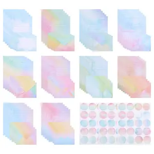 Watercolor Gradient Letter Writing Stationery Paper & Envelopes Set - including 50 Double Sided Stationery Papers with 50 Matching Envelopes and 60 Round Dot Sticker