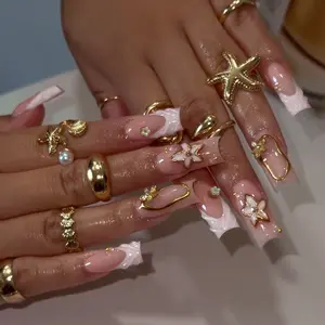 24pcs Rectangle French Style 3D Flower Gel Pearl Gold Edge Nail Set, Acrylic Press-On Nails Kit with Jelly Glue and File, Nail Art Design